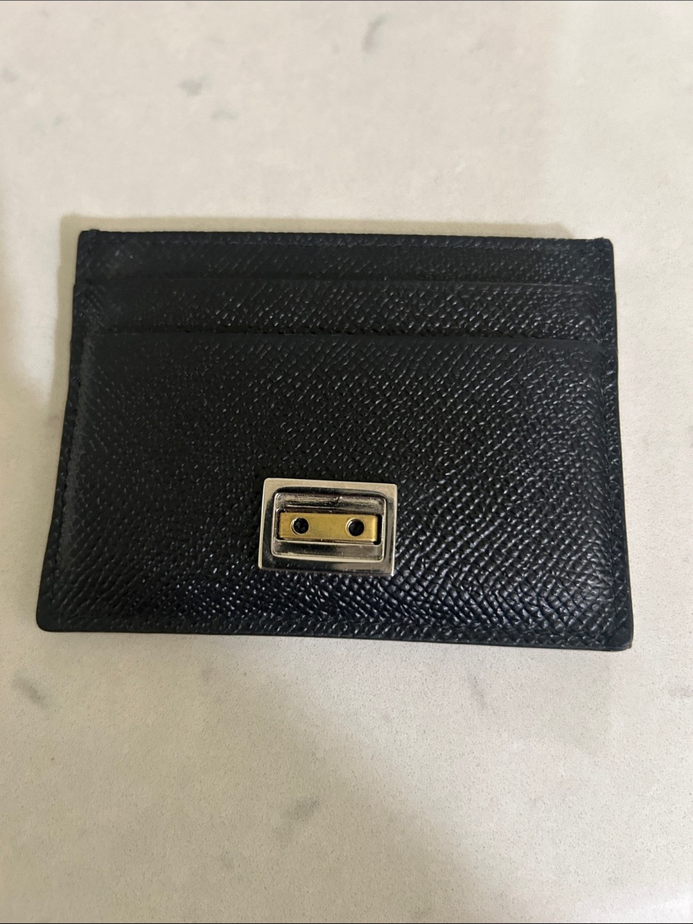 Dolce & Gabbana Black Leather Card Case with Silver-Gold Hardware